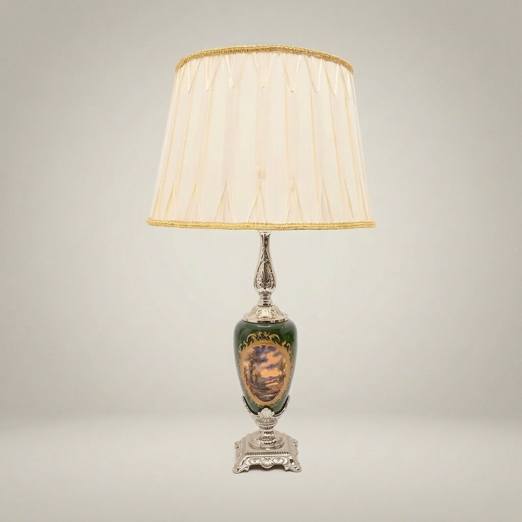 Classical Brass & Ceramic Scenic Table Lamp - Hand-Painted Urn Base — Silver