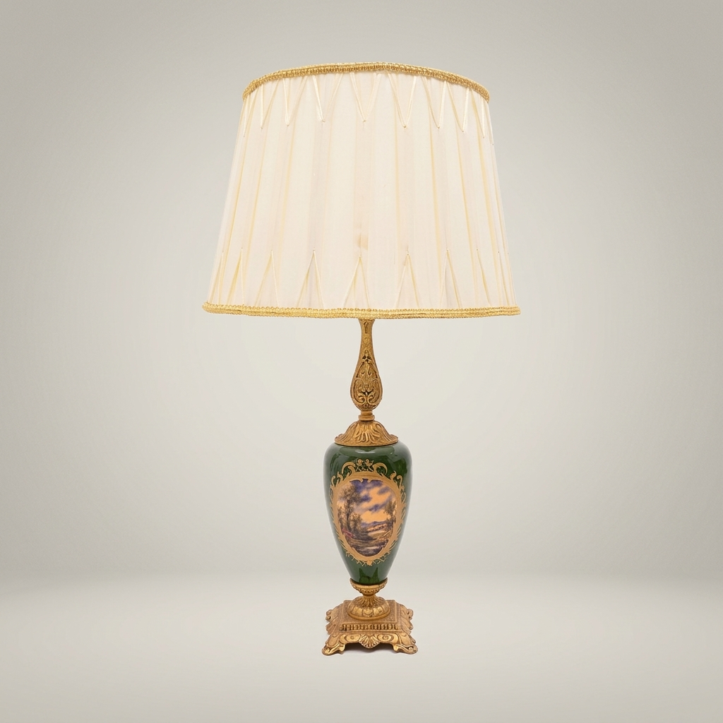 Classical Brass & Ceramic Scenic Table Lamp - Hand-Painted Urn Base — Antique Gold