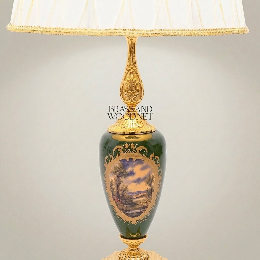 Classical Brass & Ceramic Scenic Table Lamp - Hand-Painted Urn Base