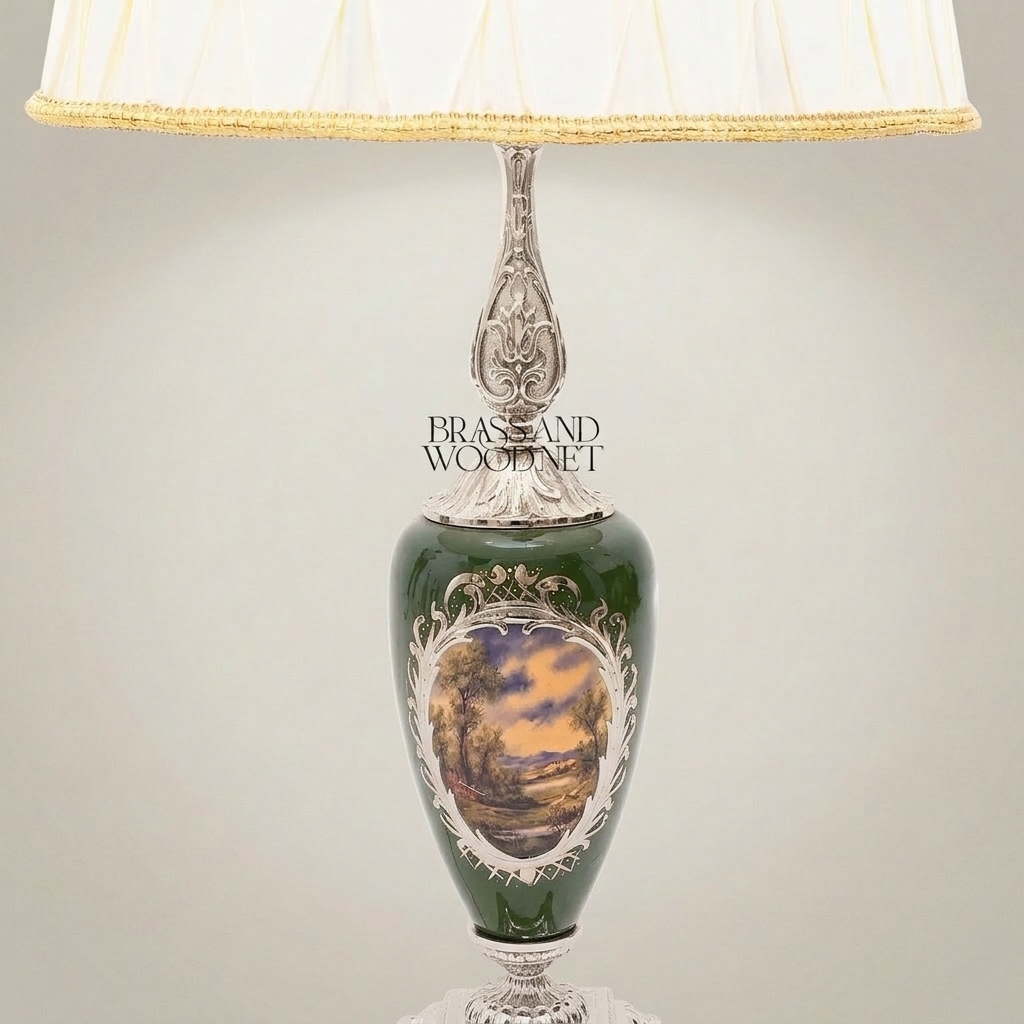Classical Brass & Ceramic Scenic Table Lamp - Hand-Painted Urn Base — Silver