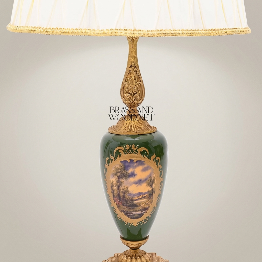 Classical Brass & Ceramic Scenic Table Lamp - Hand-Painted Urn Base — Antique Gold