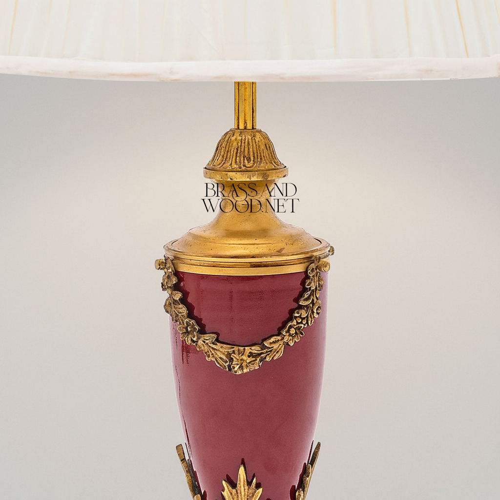 Classical Brass & Ceramic Urn Table Lamp - Acanthus Leaf Base with Floral Garland — Gold