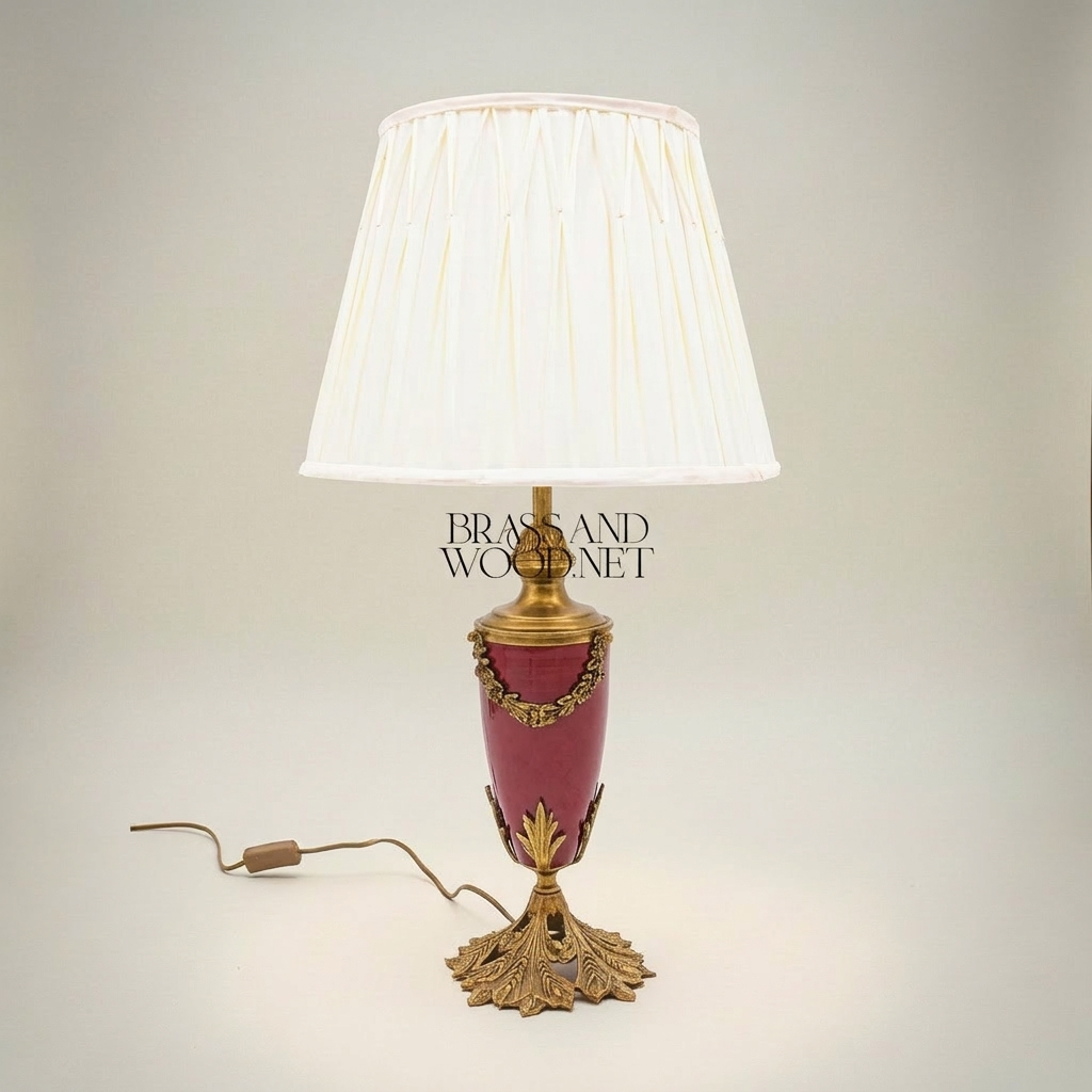 Classical Brass & Ceramic Urn Table Lamp - Acanthus Leaf Base with Floral Garland — Antique Gold