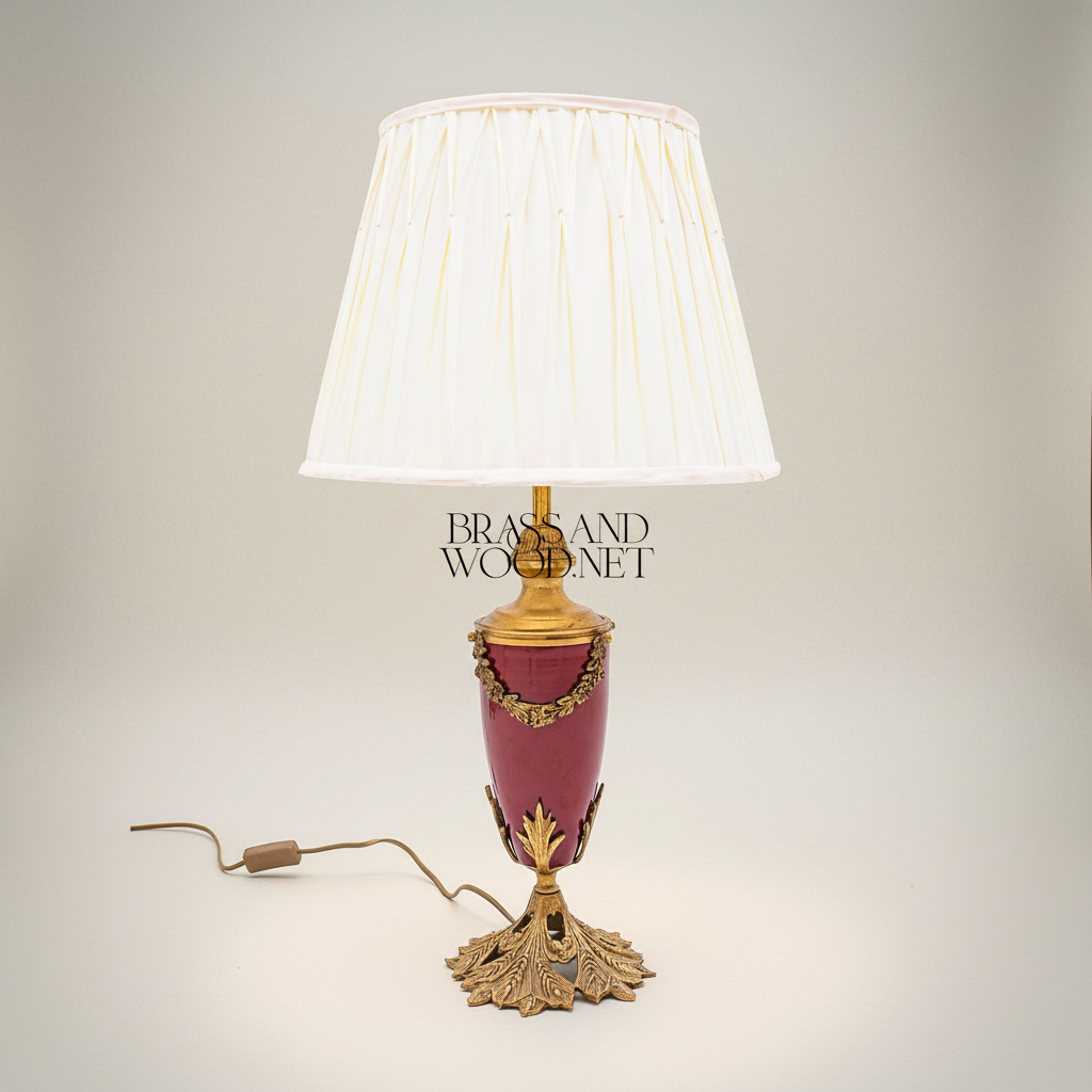 Classical Brass & Ceramic Urn Table Lamp - Acanthus Leaf Base with Floral Garland — Gold
