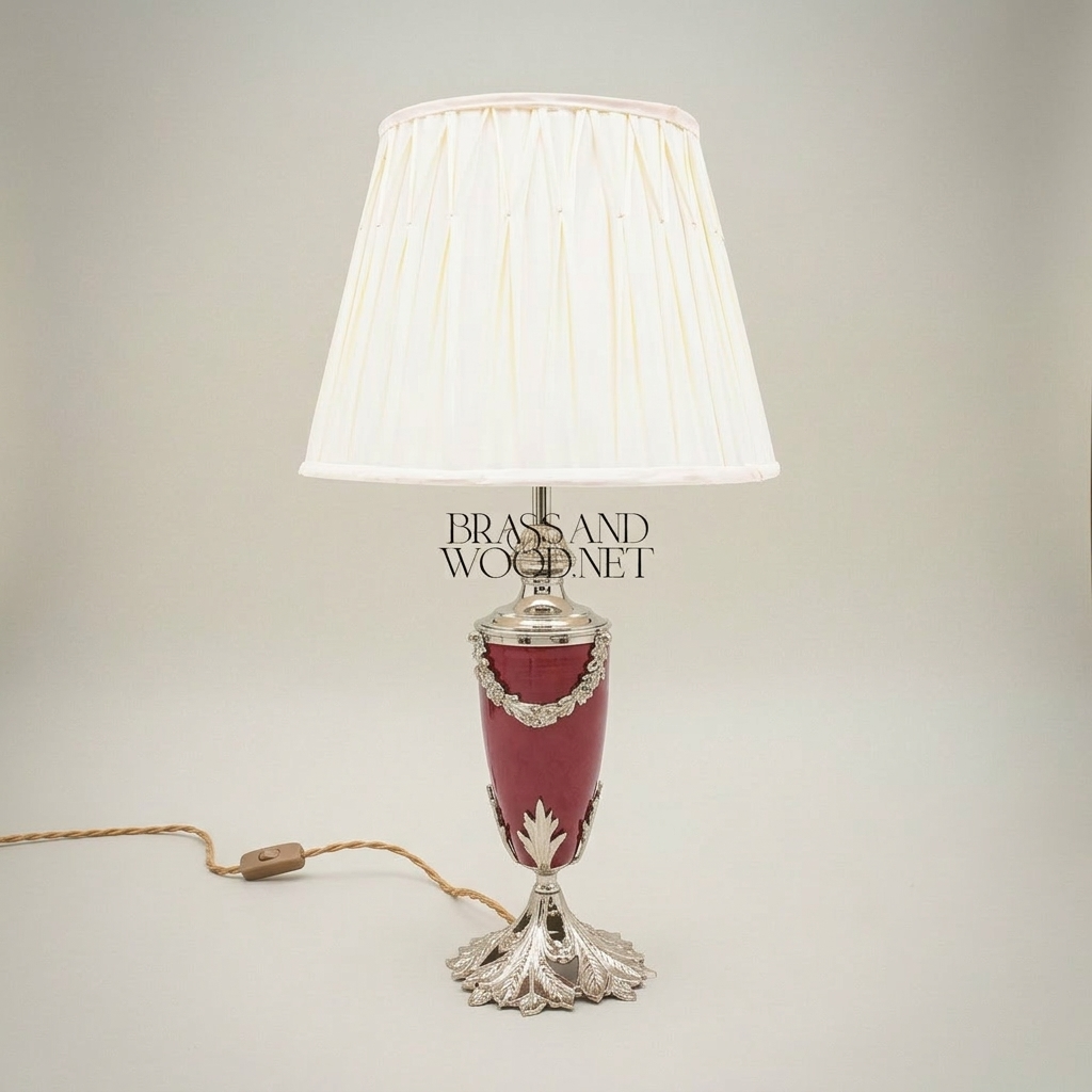 Classical Brass & Ceramic Urn Table Lamp - Acanthus Leaf Base with Floral Garland — Silver