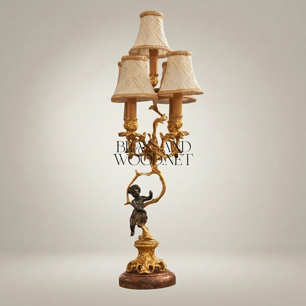 Classical Brass Cherub Candelabra Table Lamp - 3-Arm Figurine Base — Gold