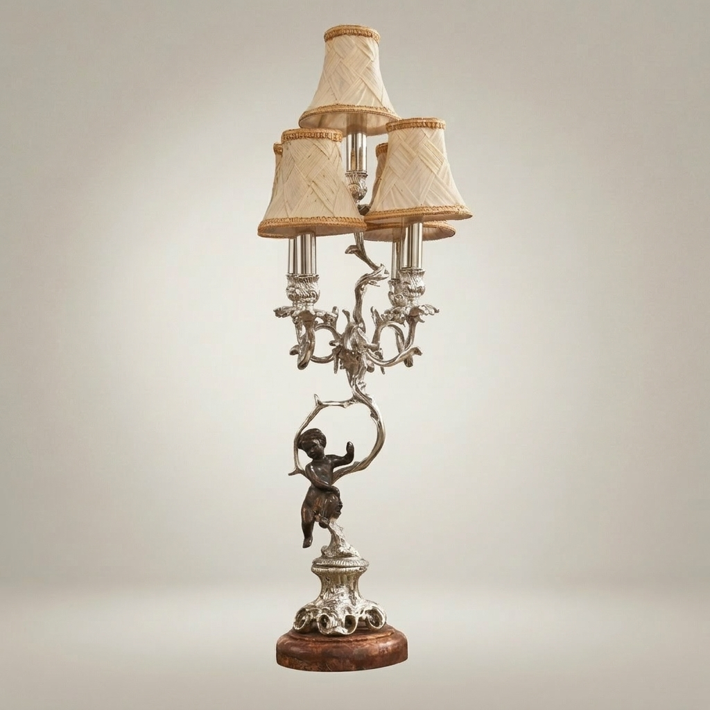 Classical Brass Cherub Candelabra Table Lamp - 3-Arm Figurine Base — Silver