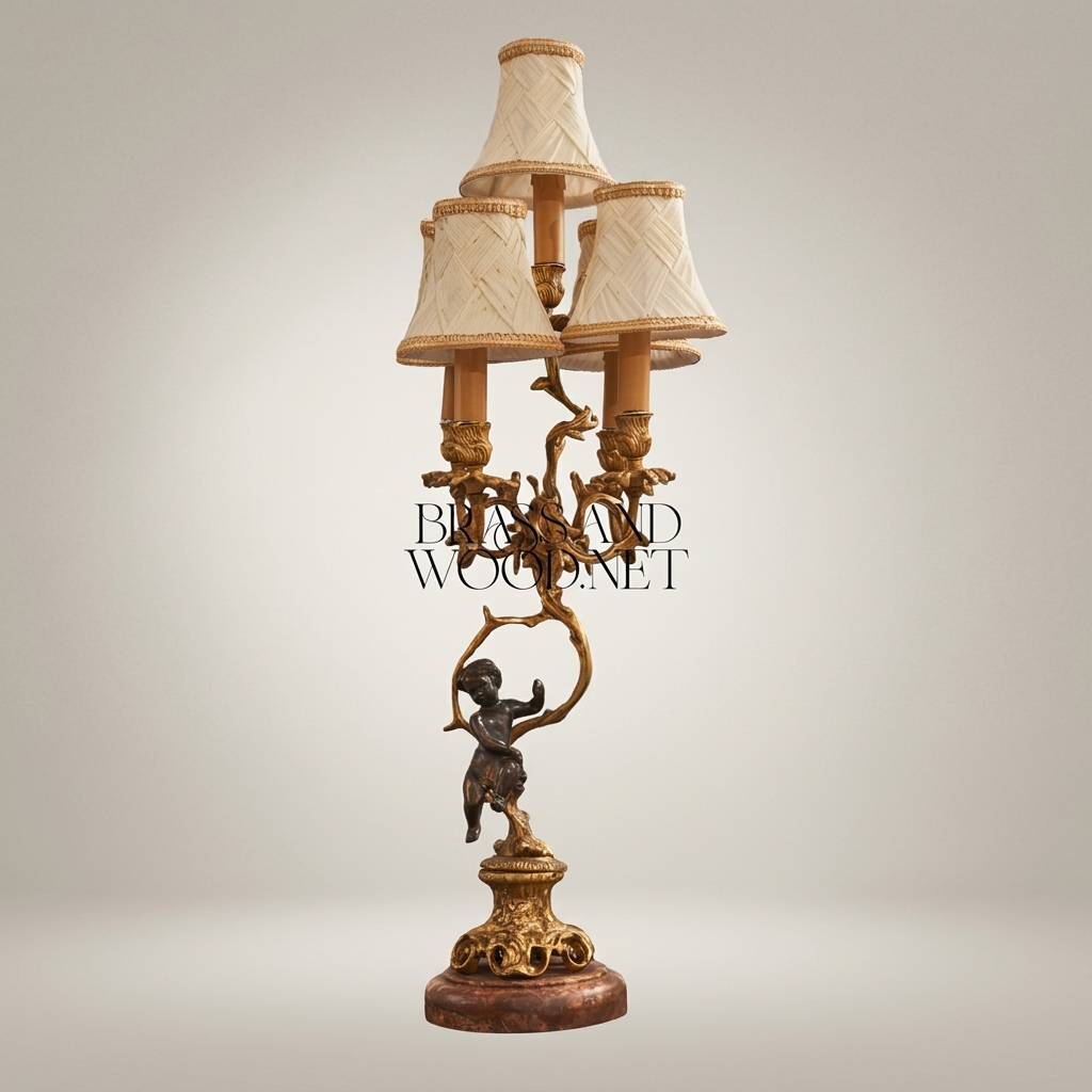 Classical Brass Cherub Candelabra Table Lamp - 3-Arm Figurine Base — Antique Gold