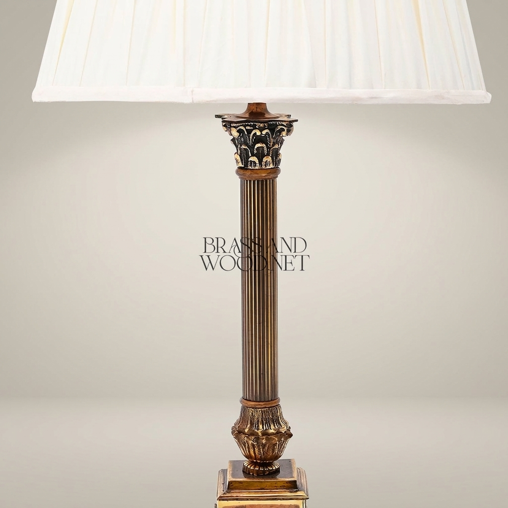 Classical Brass Column Table Lamp - Fluted Pillar with Ornate Base — Antique Gold