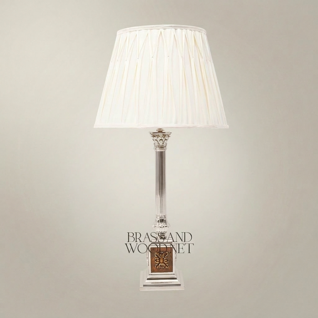 Classical Brass Column Table Lamp - Fluted Pillar with Ornate Base — Silver