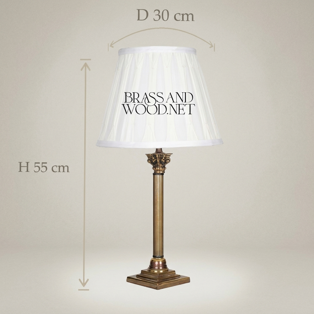 Classical Brass Corinthian Column Table Lamp with Pleated Fabric Shade — Antique Gold
