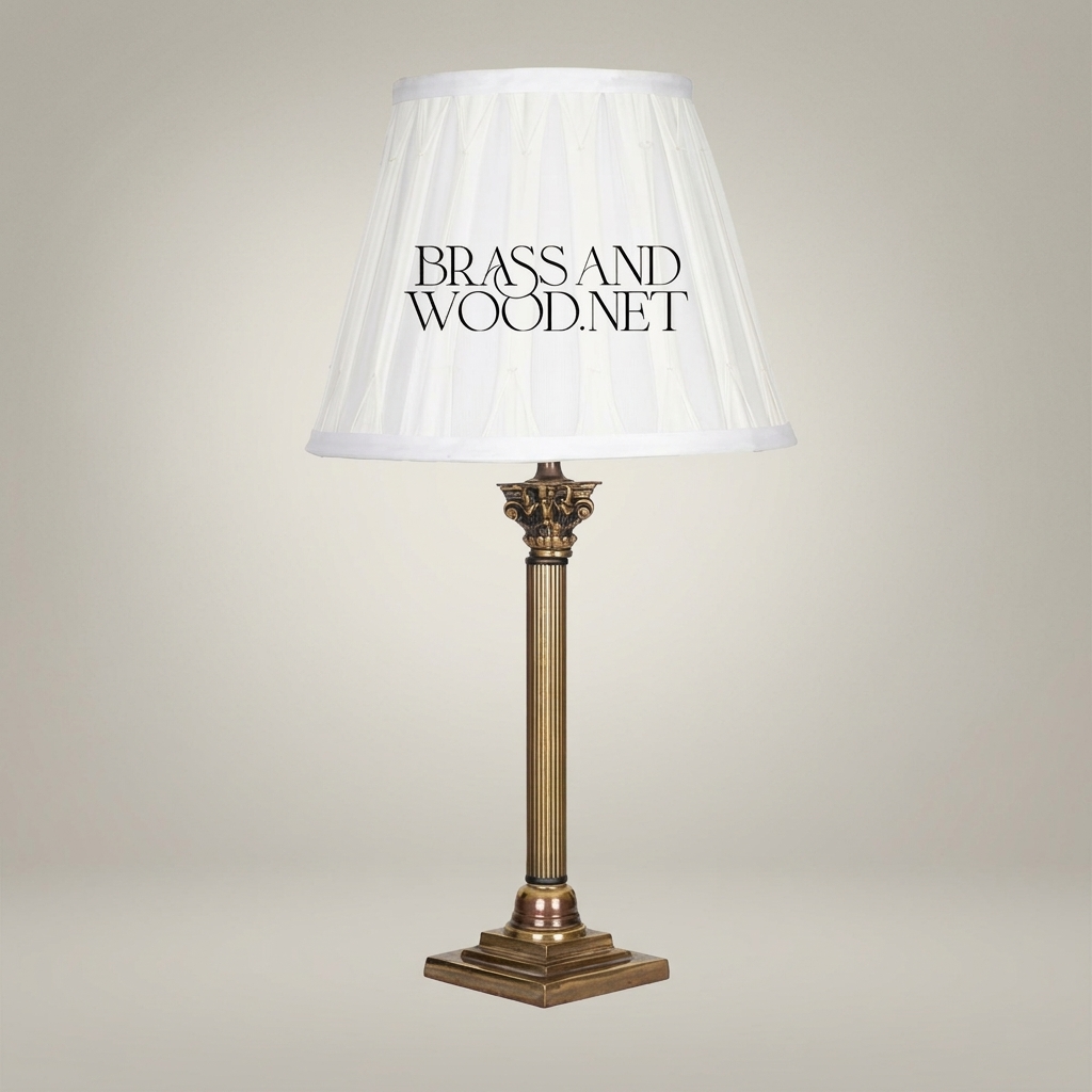 Classical Brass Corinthian Column Table Lamp with Pleated Fabric Shade — Antique Gold