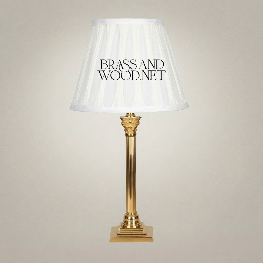 Classical Brass Corinthian Column Table Lamp with Pleated Fabric Shade — Gold