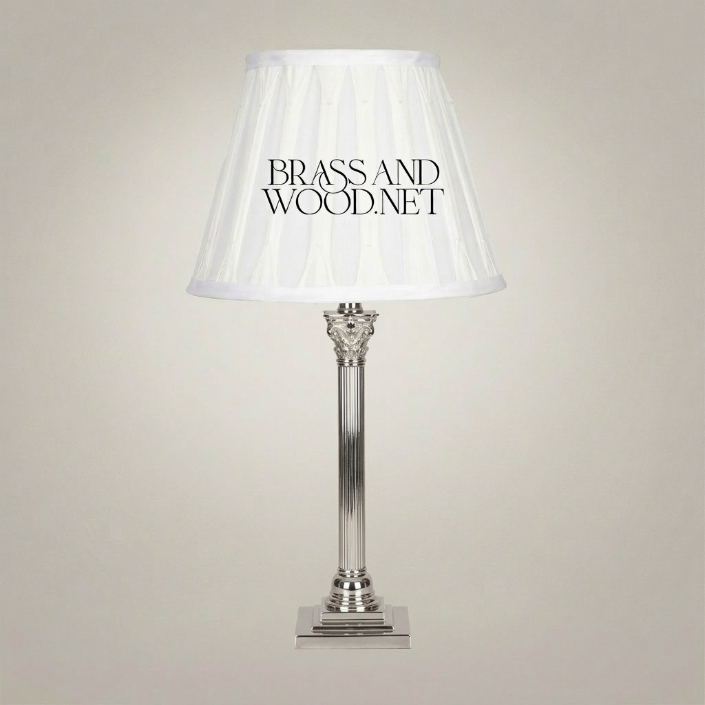 Classical Brass Corinthian Column Table Lamp with Pleated Fabric Shade — Silver
