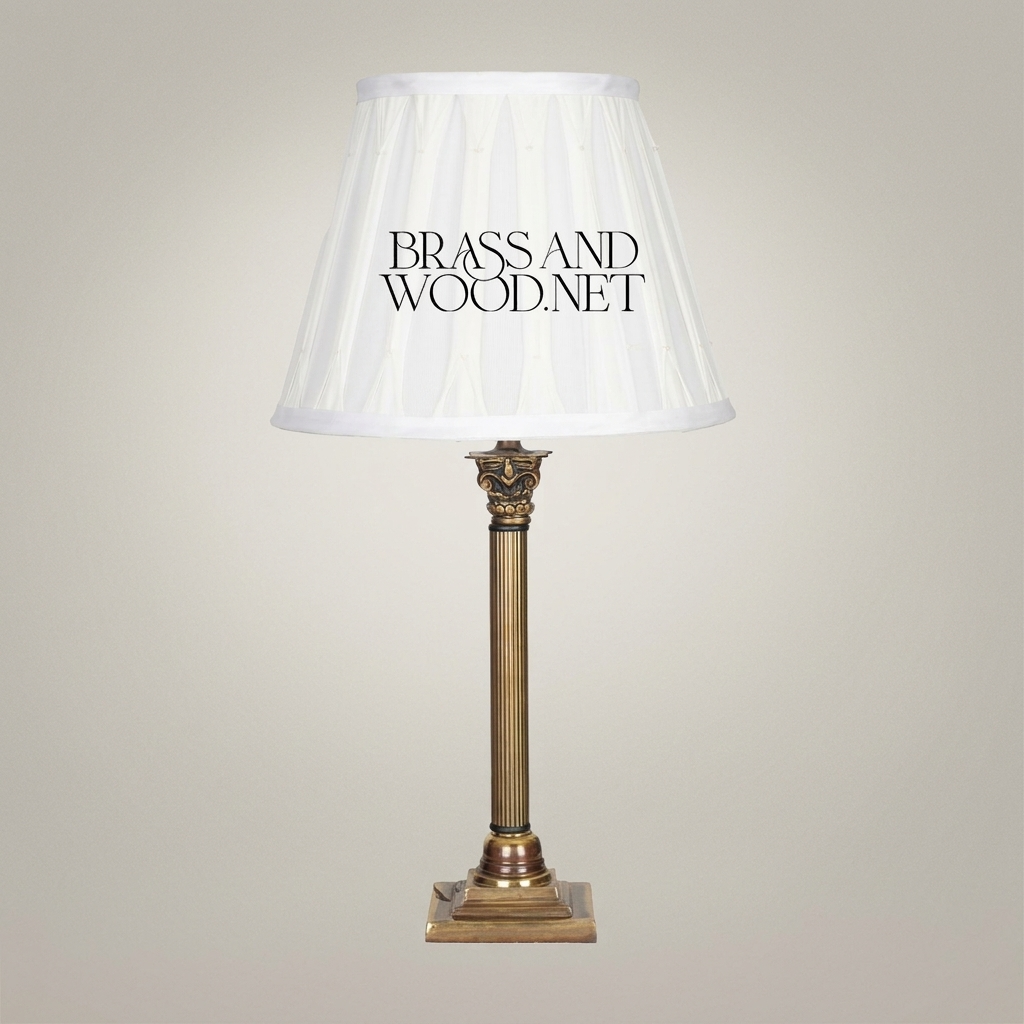 Classical Brass Corinthian Column Table Lamp with Pleated Fabric Shade — Antique Gold