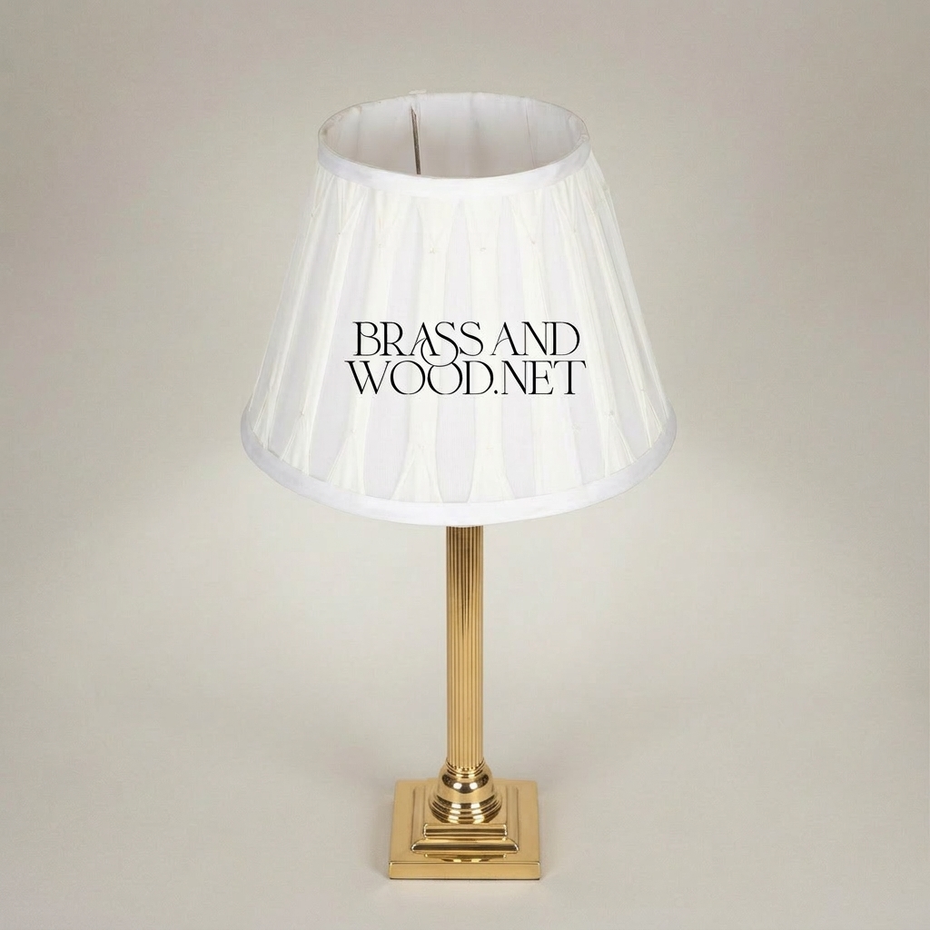 Classical Brass Corinthian Column Table Lamp with Pleated Fabric Shade — Gold