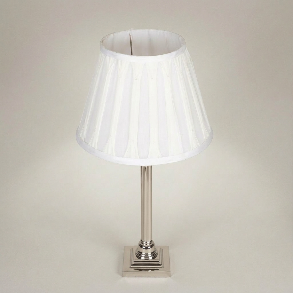 Classical Brass Corinthian Column Table Lamp with Pleated Fabric Shade — Silver