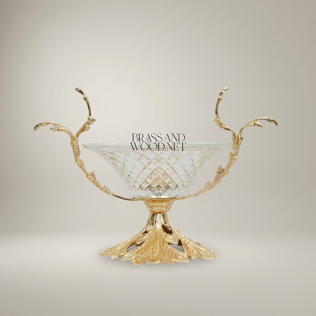 Classical Brass & Crystal Candy Dish - Acanthus Leaf Pedestal with Branch Handles