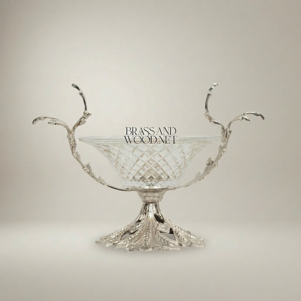 Classical Brass & Crystal Candy Dish - Acanthus Leaf Pedestal with Branch Handles — Silver