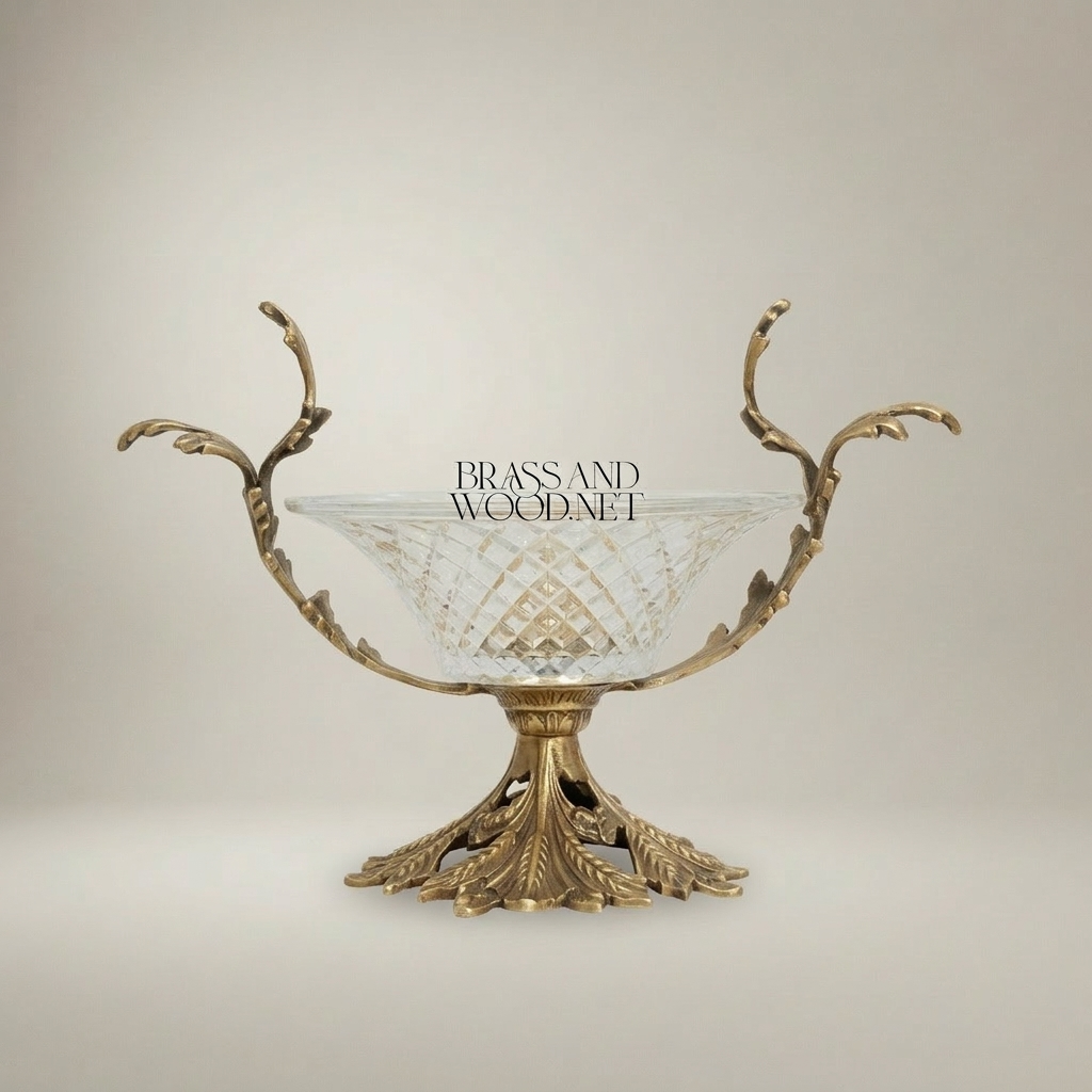 Classical Brass & Crystal Candy Dish - Acanthus Leaf Pedestal with Branch Handles — Antique Gold