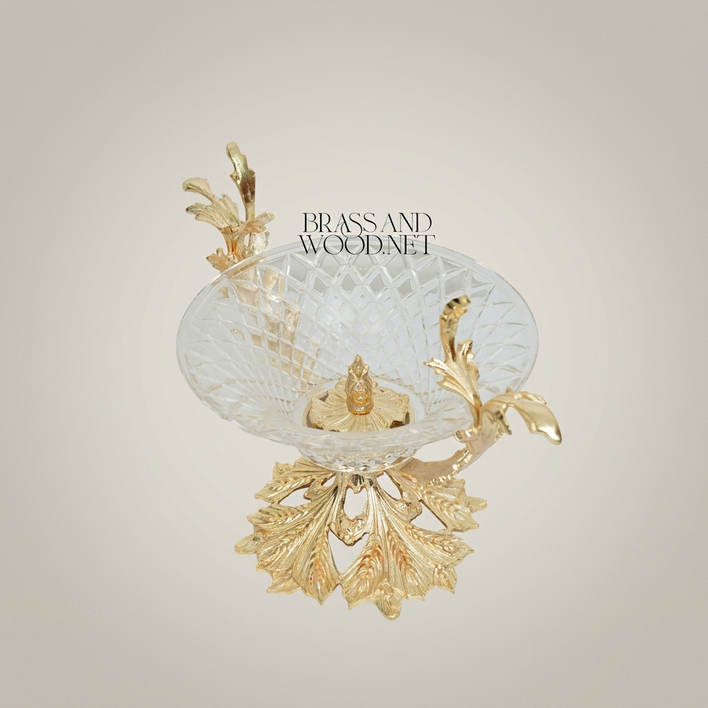 Classical Brass & Crystal Candy Dish - Acanthus Leaf Pedestal with Branch Handles — Gold