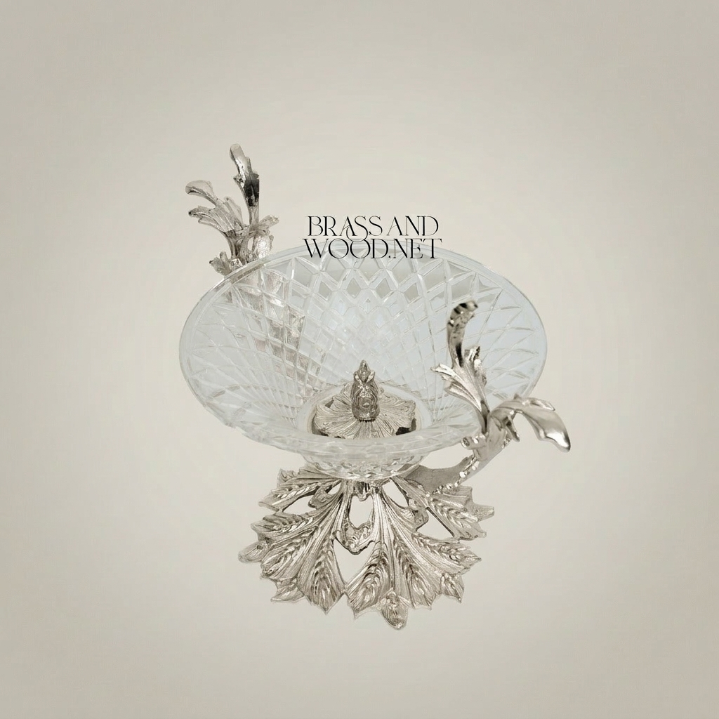 Classical Brass & Crystal Candy Dish - Acanthus Leaf Pedestal with Branch Handles — Silver