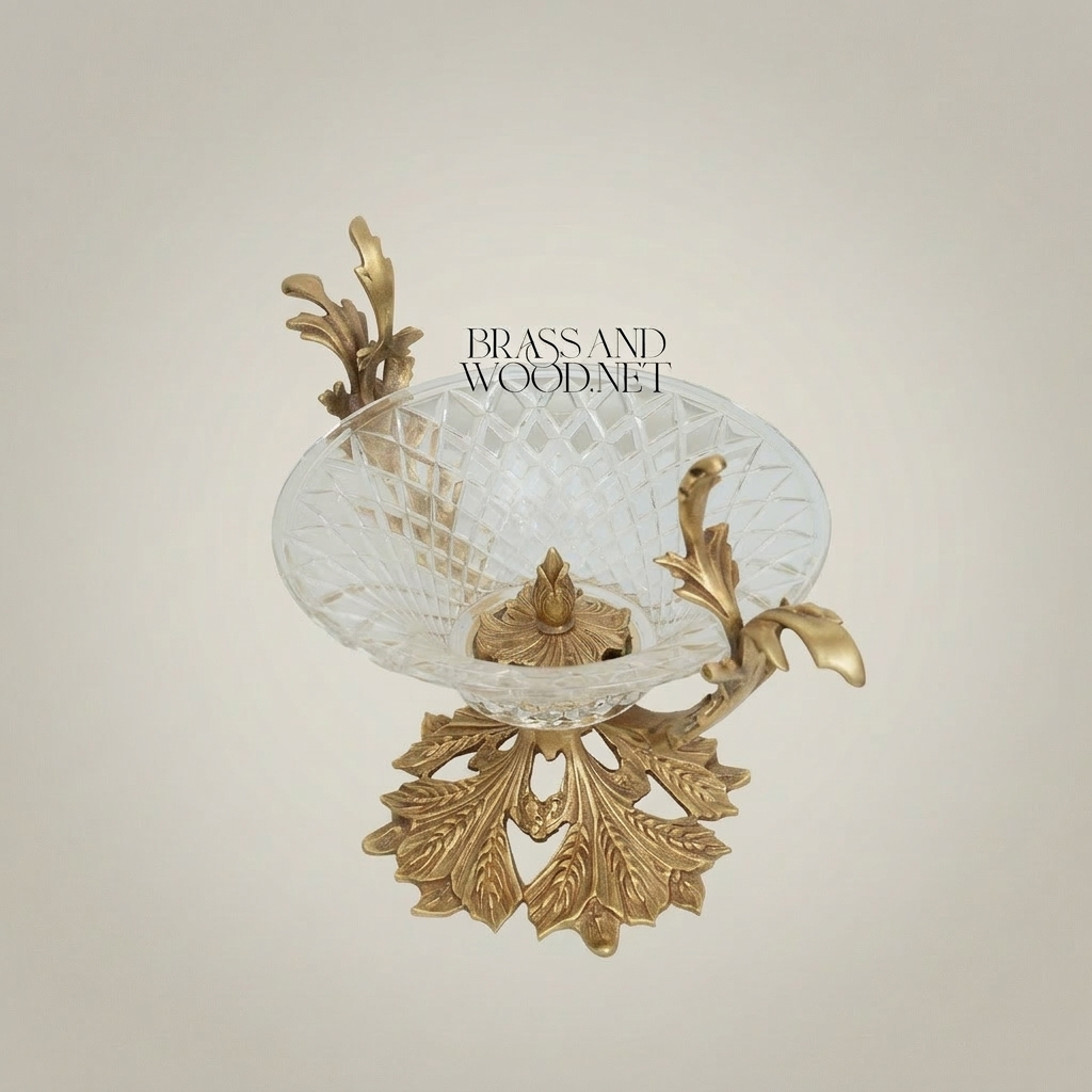 Classical Brass & Crystal Candy Dish - Acanthus Leaf Pedestal with Branch Handles — Antique Gold