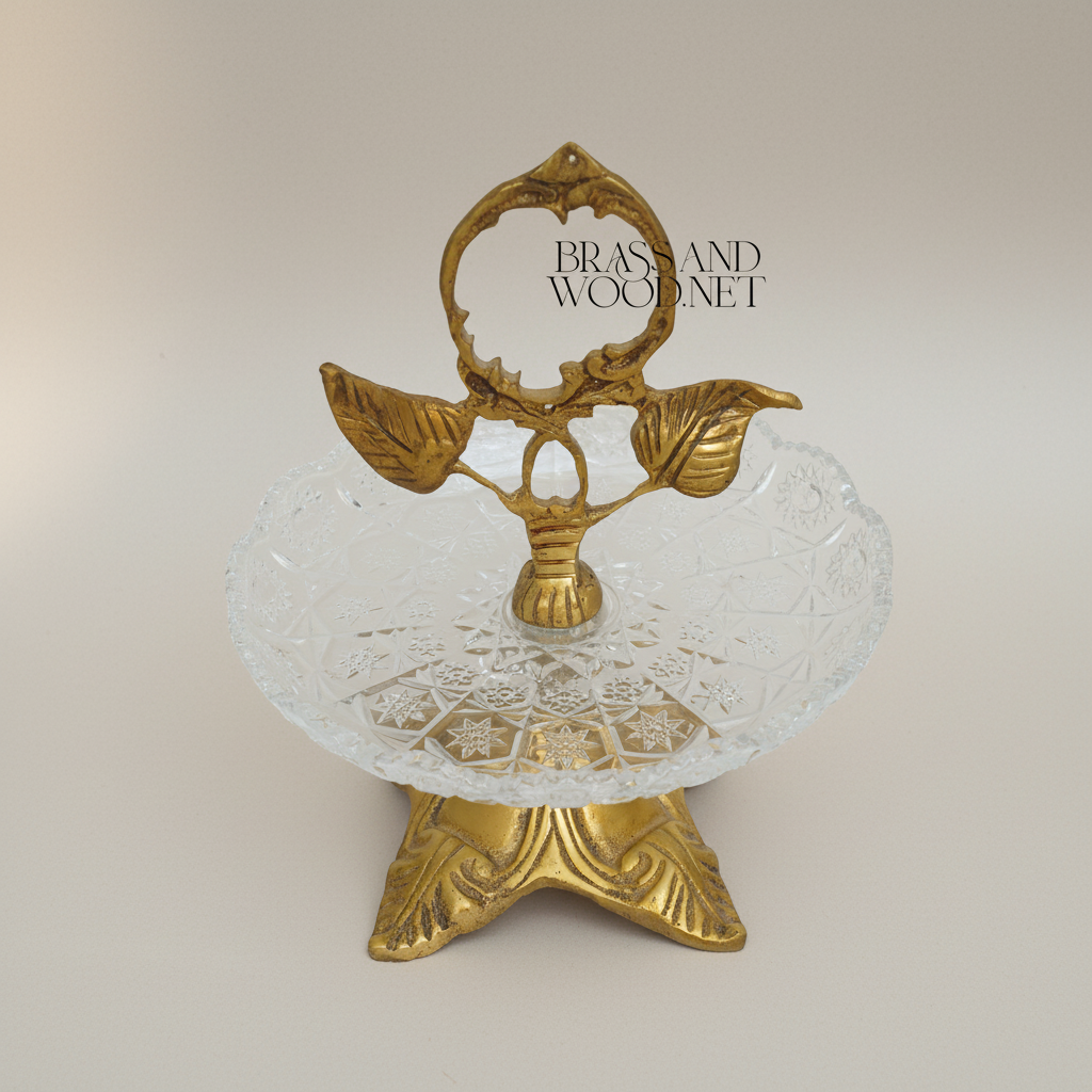 Classical Brass & Crystal Candy Dish - Botanical Handle with Ornate Foliage Base