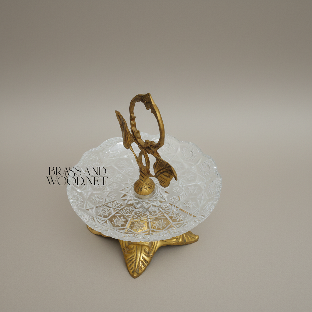 Classical Brass & Crystal Candy Dish - Botanical Handle with Ornate Foliage Base