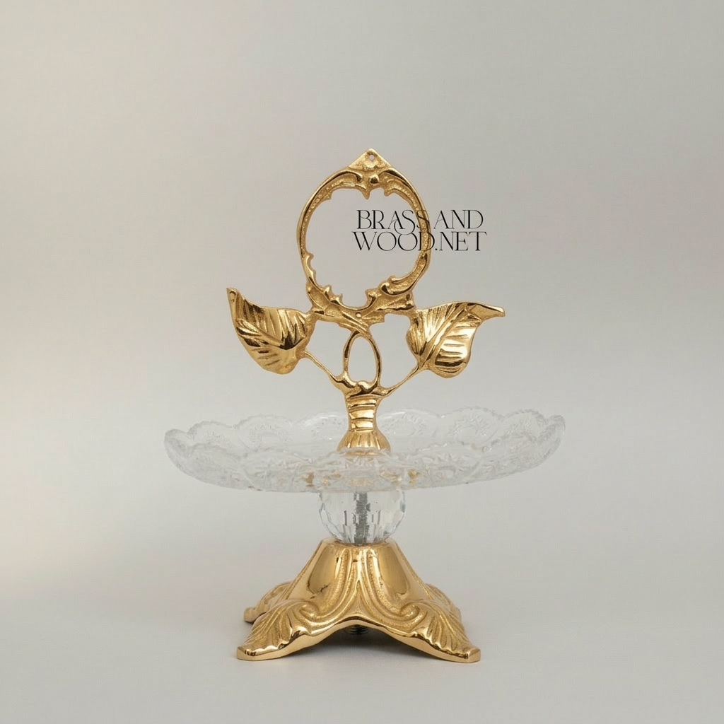 Classical Brass & Crystal Candy Dish - Botanical Handle with Ornate Foliage Base — Gold