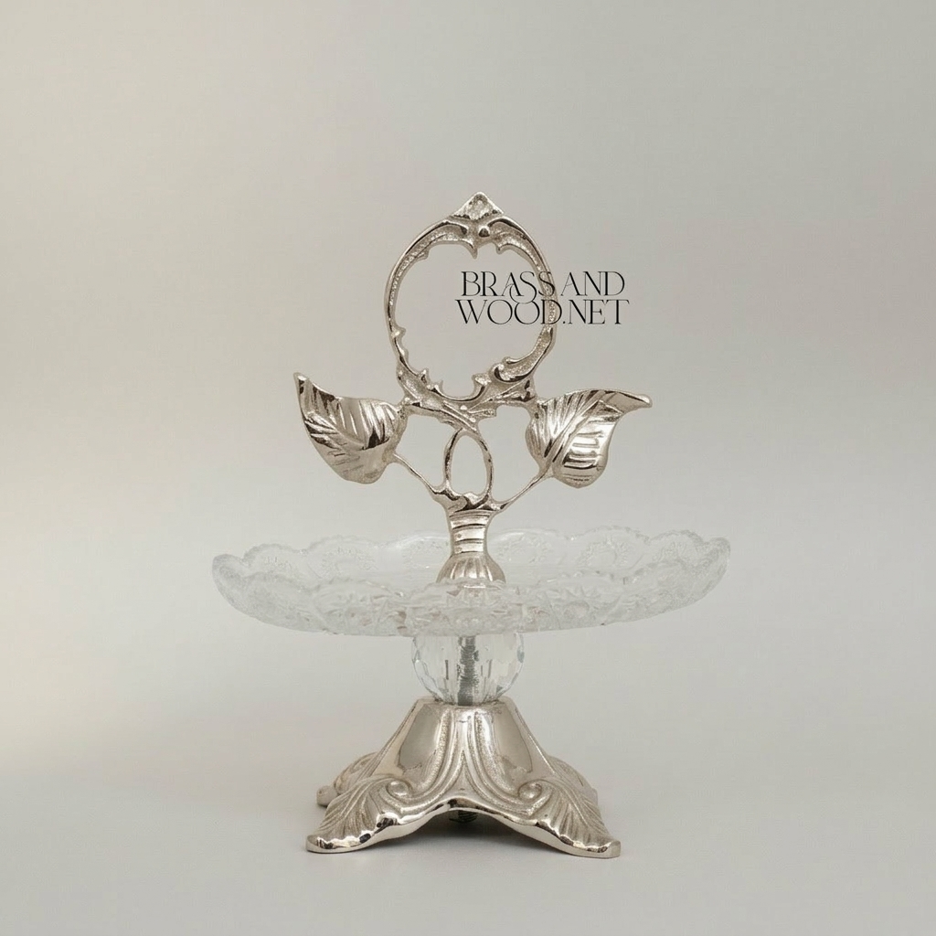 Classical Brass & Crystal Candy Dish - Botanical Handle with Ornate Foliage Base — Silver