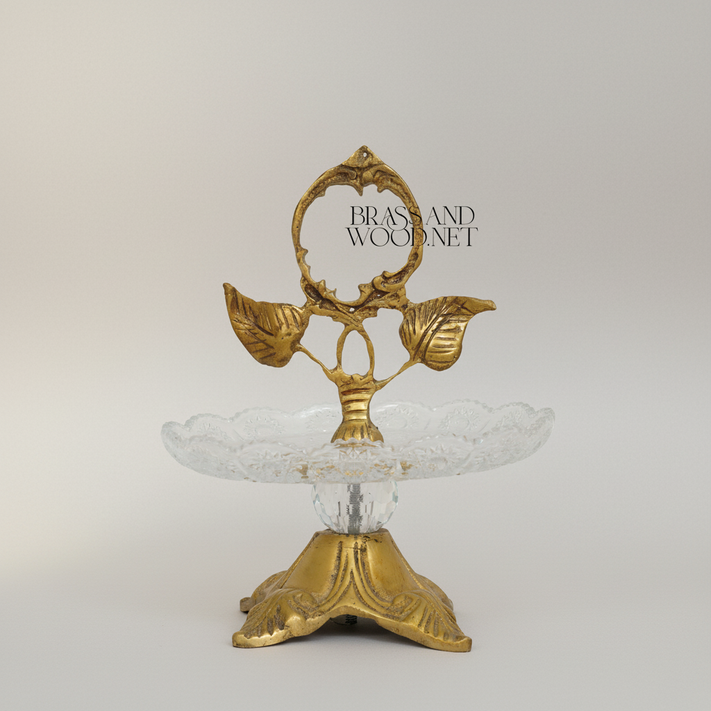 Classical Brass & Crystal Candy Dish - Botanical Handle with Ornate Foliage Base