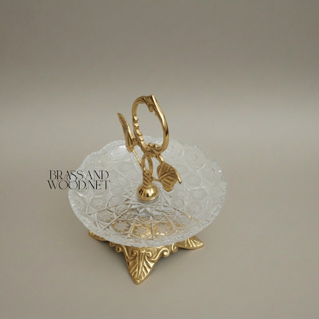 Classical Brass & Crystal Candy Dish - Botanical Handle with Ornate Foliage Base — Gold
