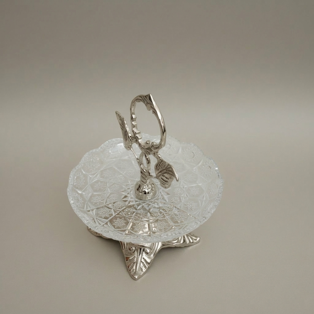 Classical Brass & Crystal Candy Dish - Botanical Handle with Ornate Foliage Base — Silver