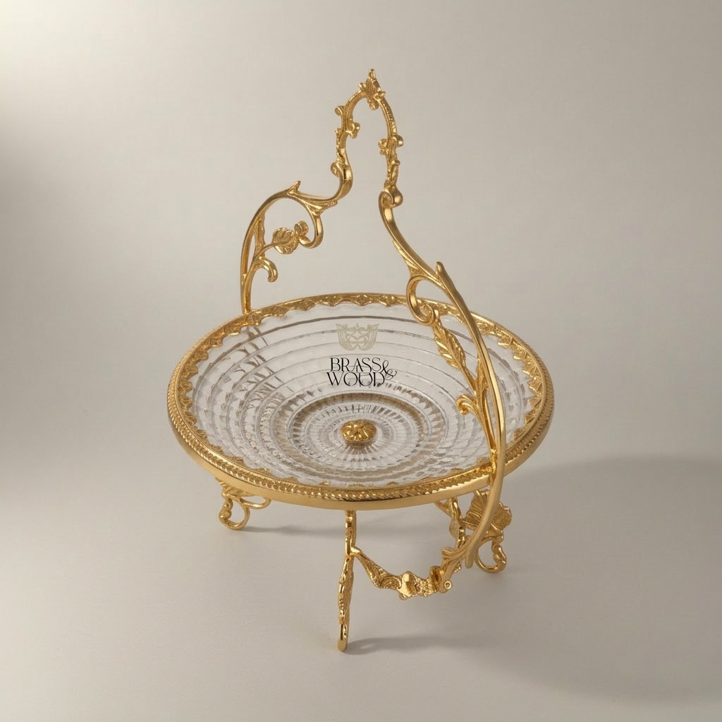 Classical Brass & Crystal Candy Dish - Ornate Foliage Stand — Gold