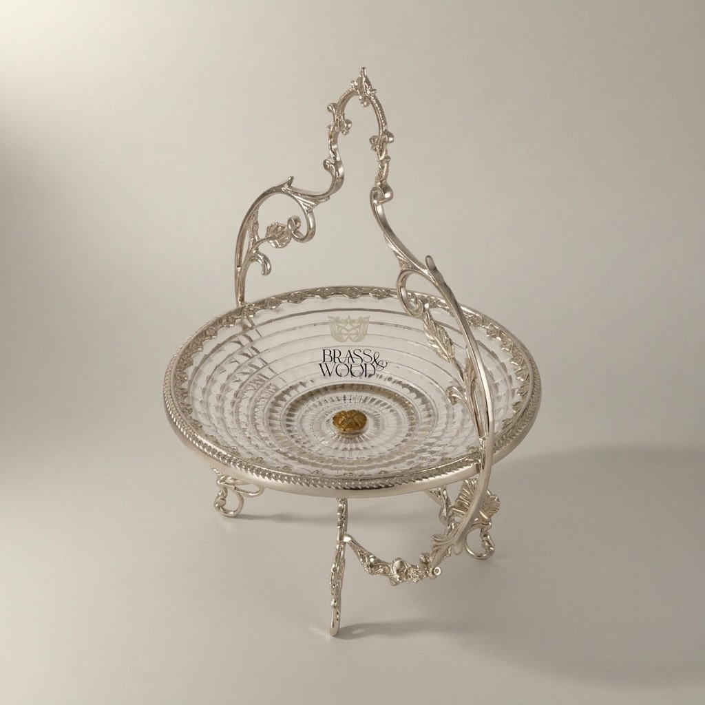 Classical Brass & Crystal Candy Dish - Ornate Foliage Stand — Silver
