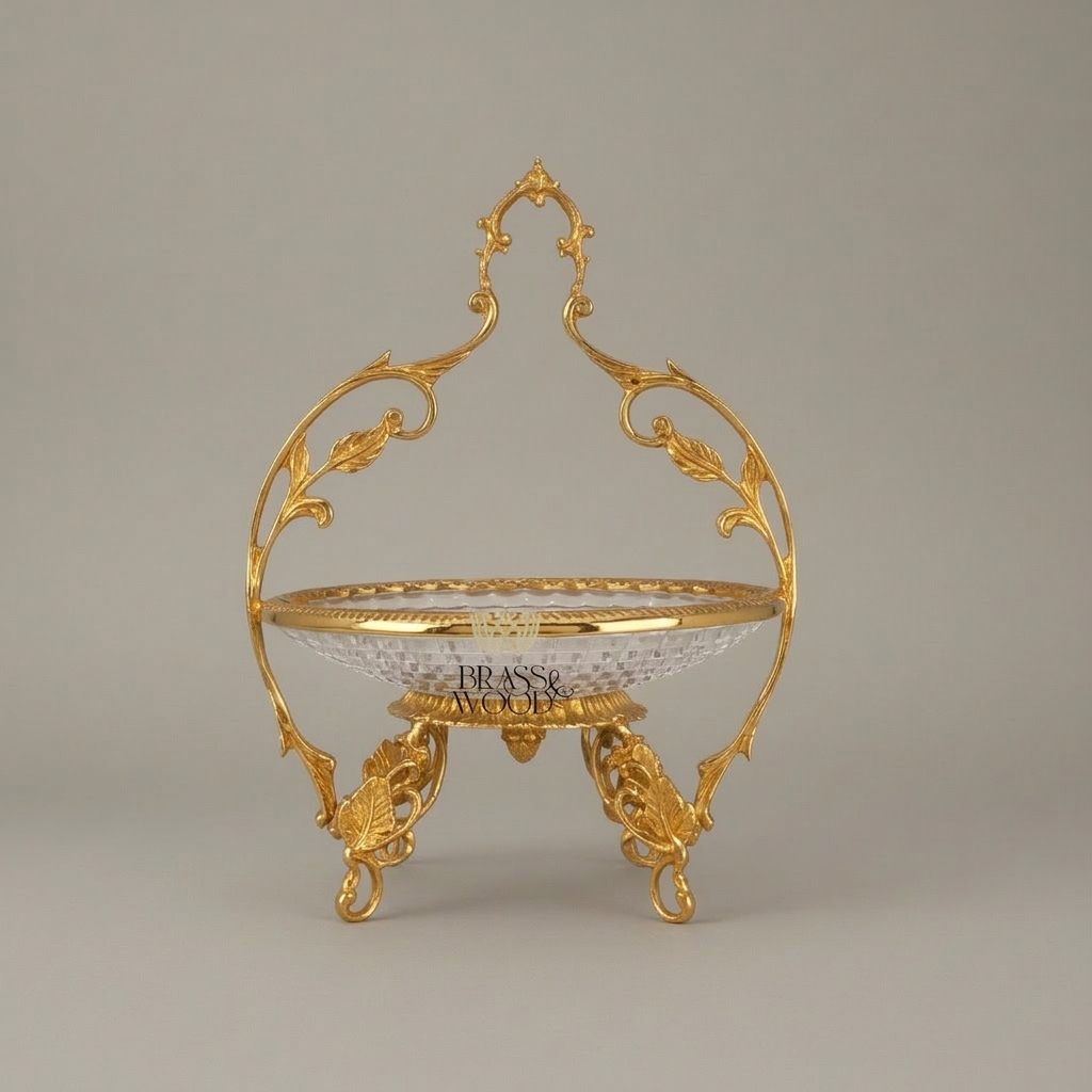 Classical Brass & Crystal Candy Dish - Ornate Foliage Stand — Gold