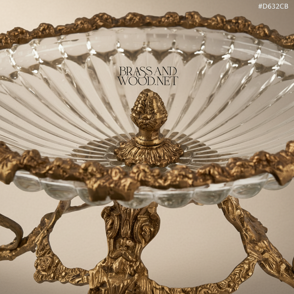 Classical Brass & Crystal Centerpiece Bowl with Botanical Branch Stand — Antique Gold