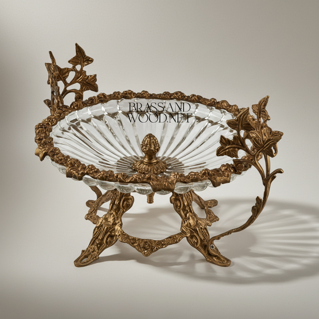 Classical Brass & Crystal Centerpiece Bowl with Botanical Branch Stand