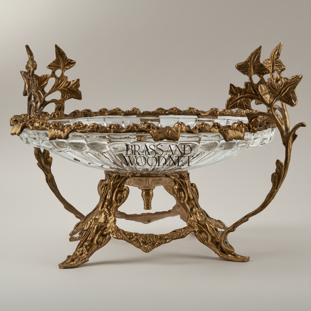 Classical Brass & Crystal Centerpiece Bowl with Botanical Branch Stand