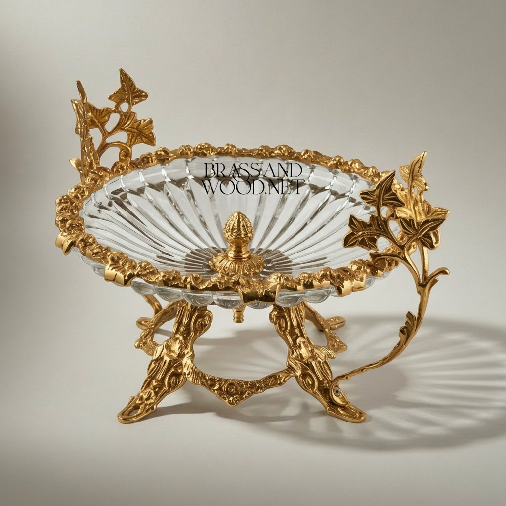 Classical Brass & Crystal Centerpiece Bowl with Botanical Branch Stand — Gold