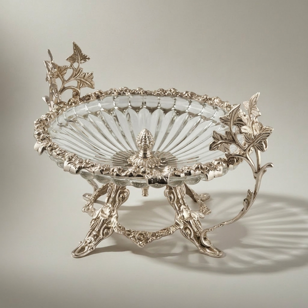Classical Brass & Crystal Centerpiece Bowl with Botanical Branch Stand — Silver