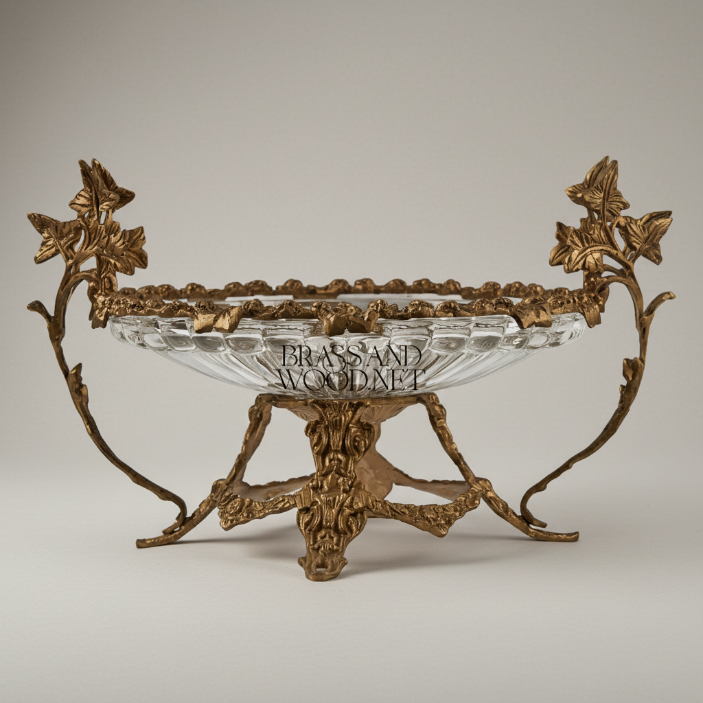 Classical Brass & Crystal Centerpiece Bowl with Botanical Branch Stand — Antique Gold