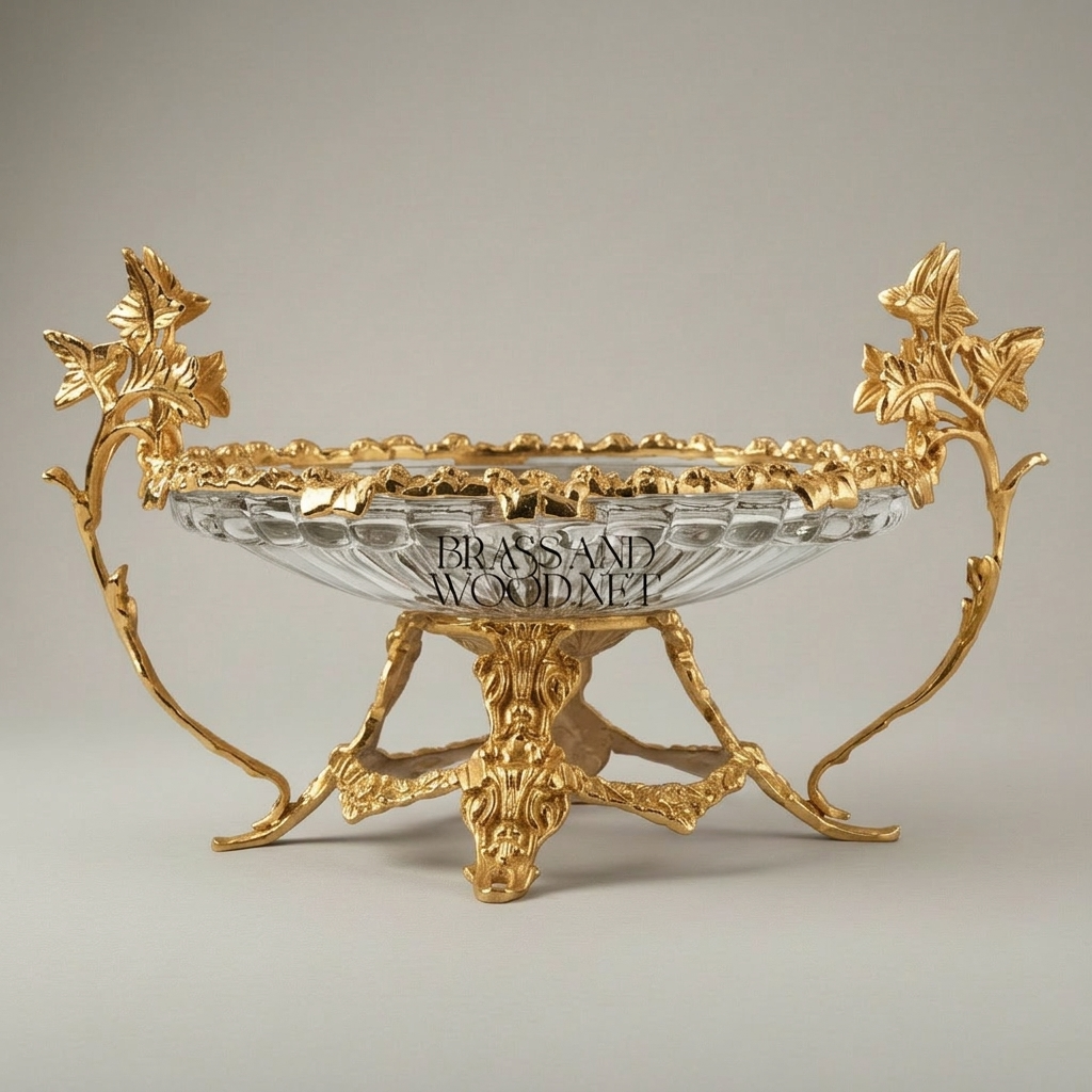 Classical Brass & Crystal Centerpiece Bowl with Botanical Branch Stand — Gold