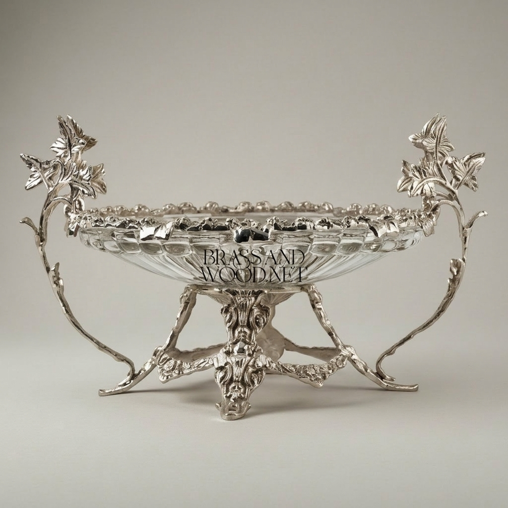 Classical Brass & Crystal Centerpiece Bowl with Botanical Branch Stand — Silver