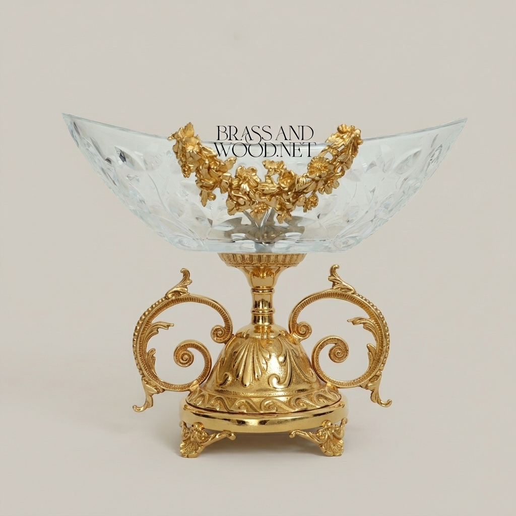 Classical Brass & Crystal Compote Bowl - Floral Scrollwork Pedestal