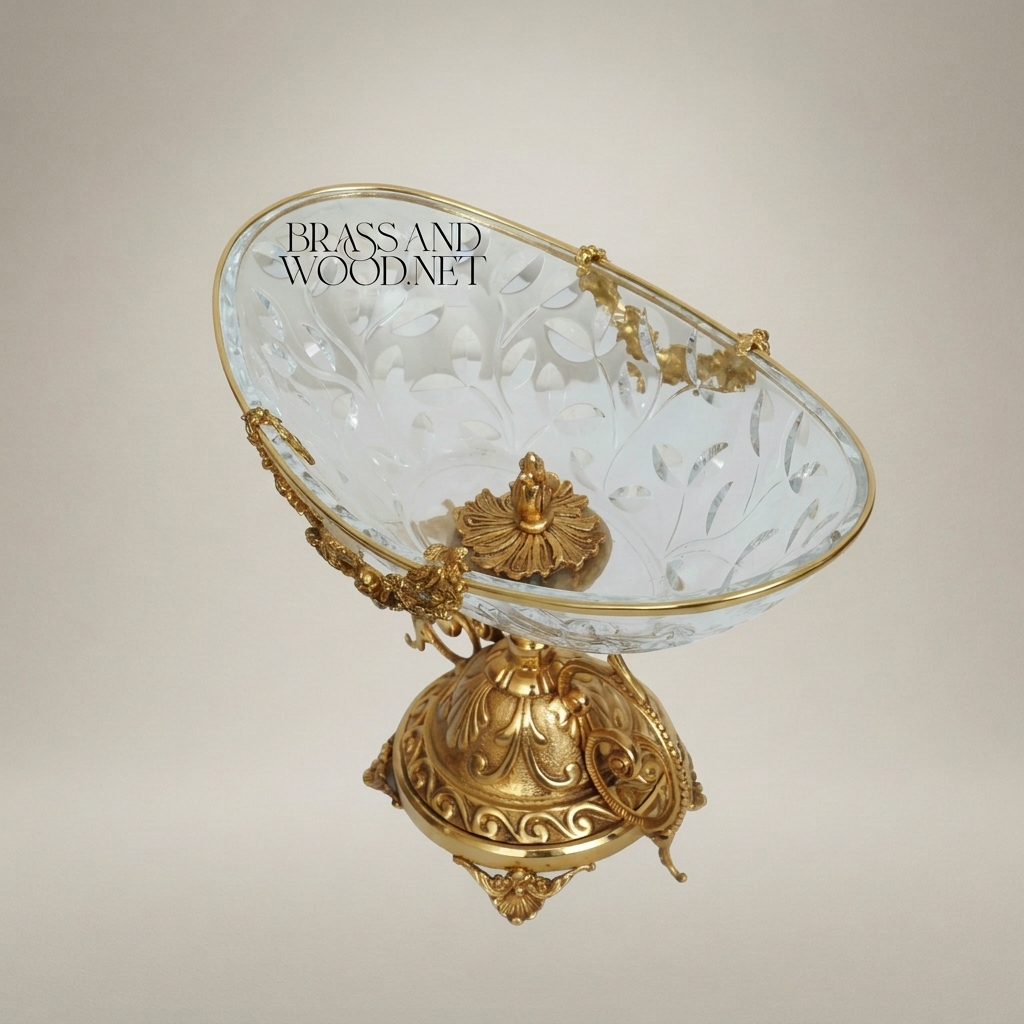 Classical Brass & Crystal Compote Bowl - Floral Scrollwork Pedestal