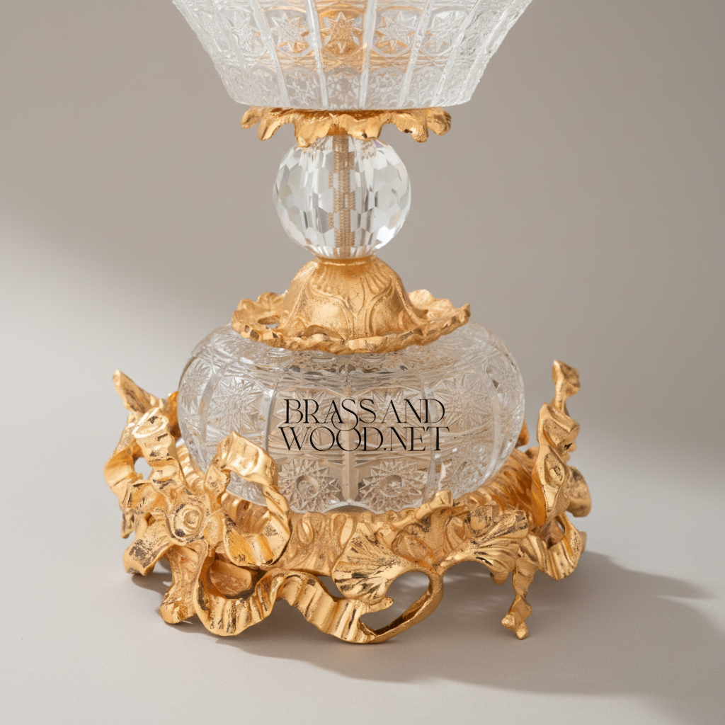Classical Brass & Crystal Compote Dish - Ornate Floral Crown Rim — Gold