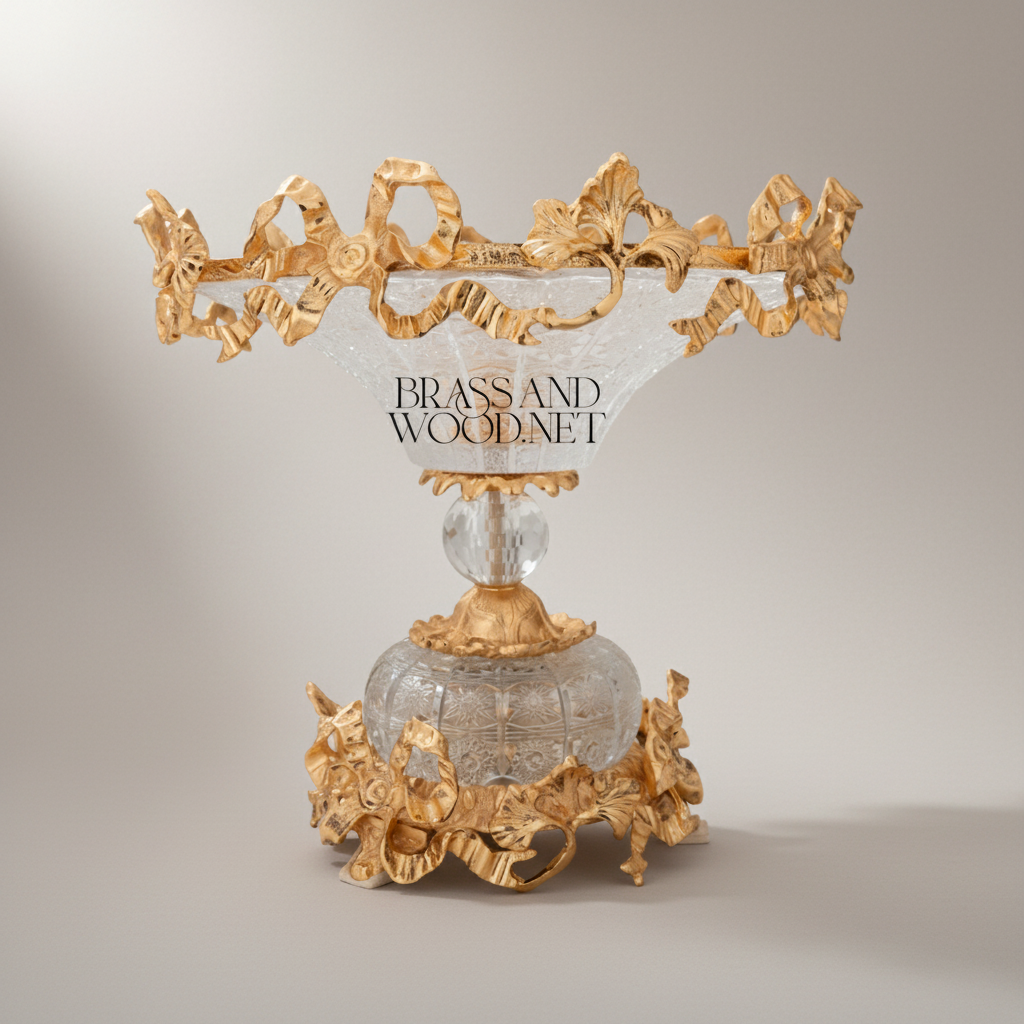 Classical Brass & Crystal Compote Dish - Ornate Floral Crown Rim — Gold