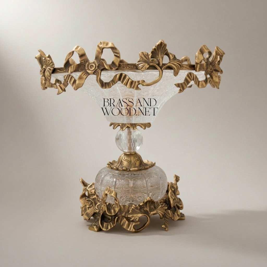 Classical Brass & Crystal Compote Dish - Ornate Floral Crown Rim
